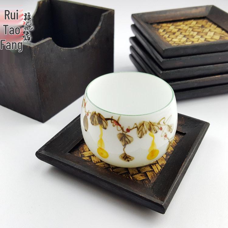 Set of 6 Rattan Coasters: Wooden Heat Insulation Pads, Thai Tea Set Display, Unique Antique Home Ornaments.