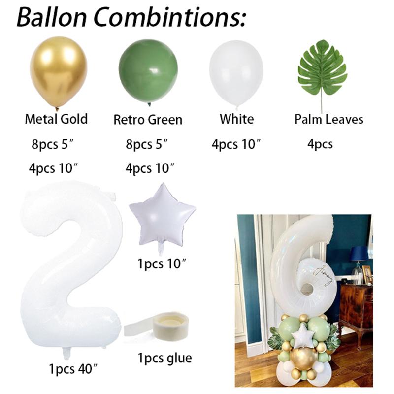 34pcs 40inch White Number Palm Leaves Retro Green Balloons Kit Kids 1 2 3th Birthday Balloons Set Baby Shower Decoration
