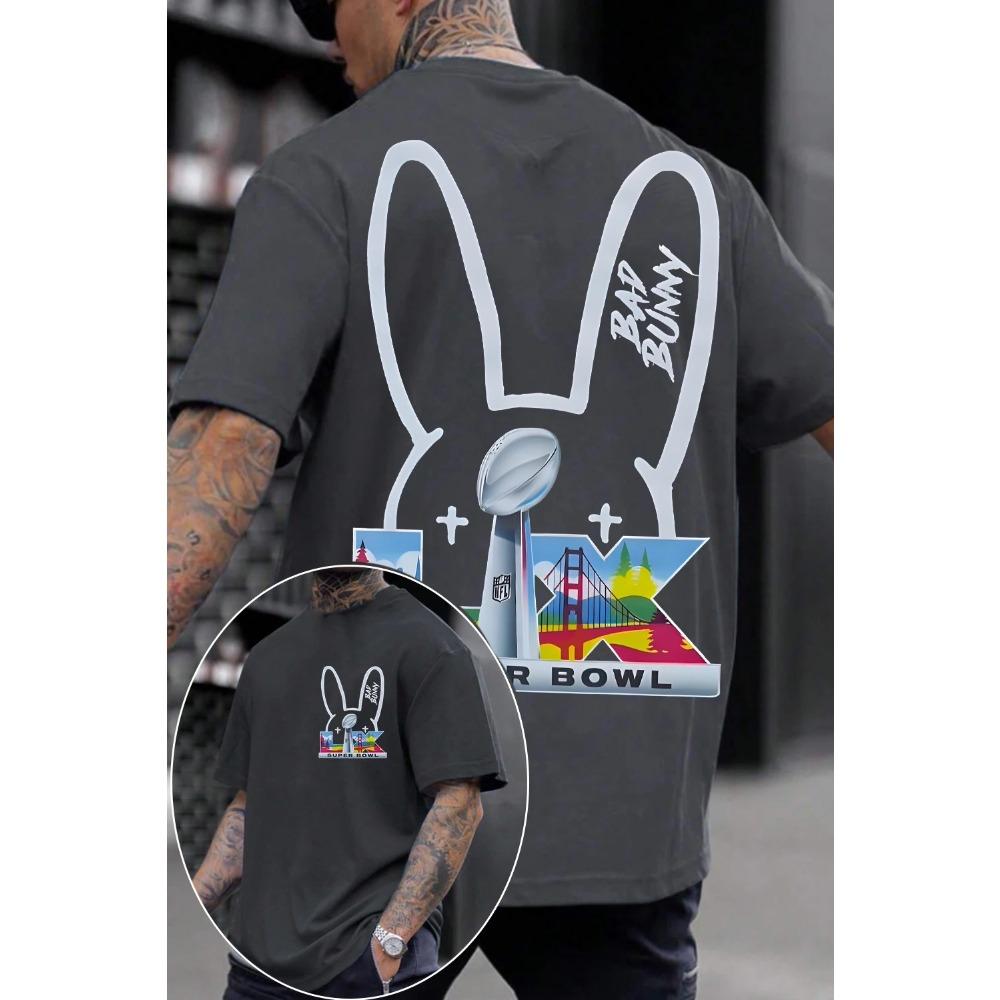 Bad Bunny x Super Bowl LIX San Francisco Oboustranné Oversized Tričko, Unisex Streetwear Tričko pro Fanoušky Latinské Hudby & NFL, 100% Bavlna, Ležérní Krátký Rukáv