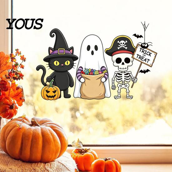 Reusable Holiday Window Sticker Static Glass Sticker, No Residue Clings, Festive Decal with Halloween Dwarf Wizards Black Cats Ghosts Skeletons