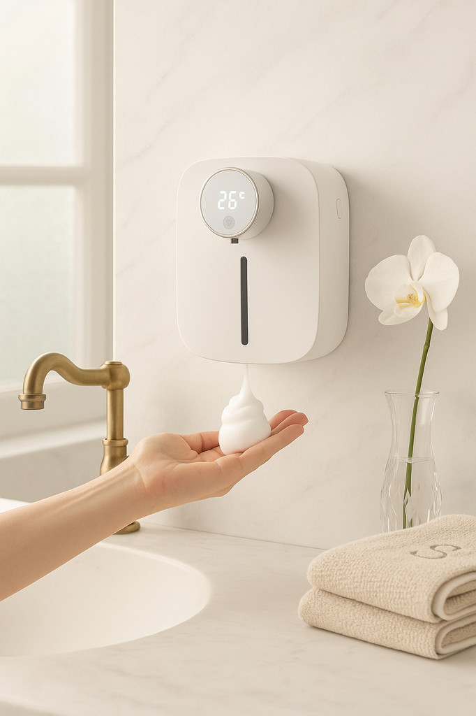 Automatischer digitaler Schaum-Flüssigseifenspender mit Temperatur, wiederaufladbarer Sensor, berührungsloses Händedesinfektionsmittel für das Badezimmer