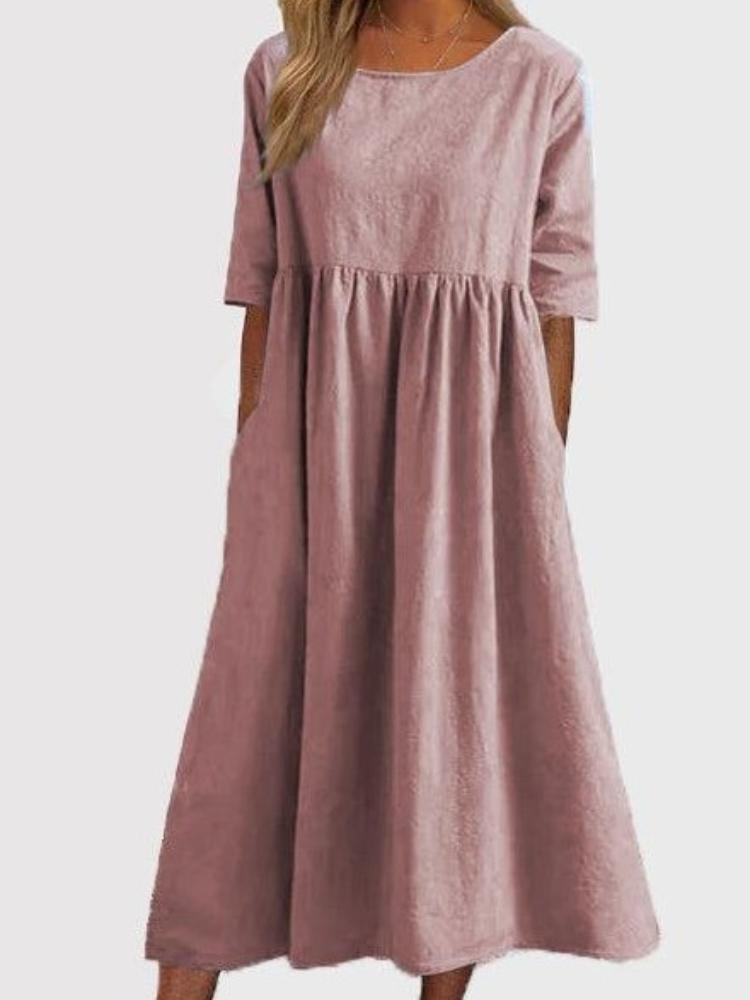 O-neck Short Sleeve Dress Spring Summer Fashion Elegant Loose Solid Dresses For Women