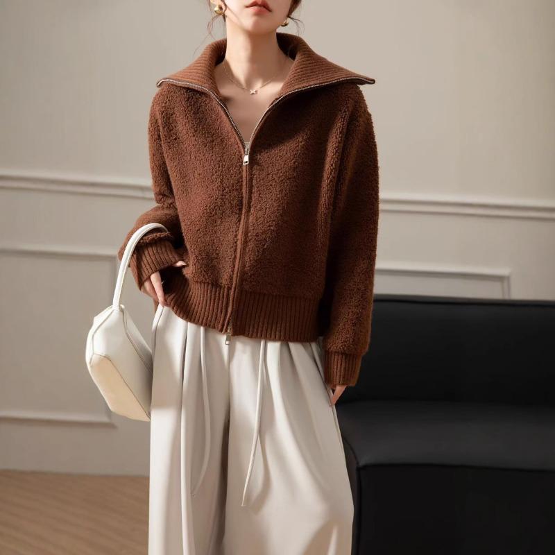 Autumn and Winter New Large Lapel Double Zipper Lamb Wool Knitted Cardigan Women's Lazy Style Versatile Sweater Jacket Women