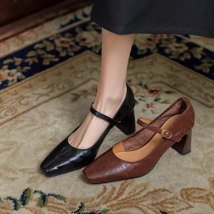 [Spot] Soft Sheepskin Black High Heels French Retro Thick Heel with Mary Jane Shoes Women's Single Shoes