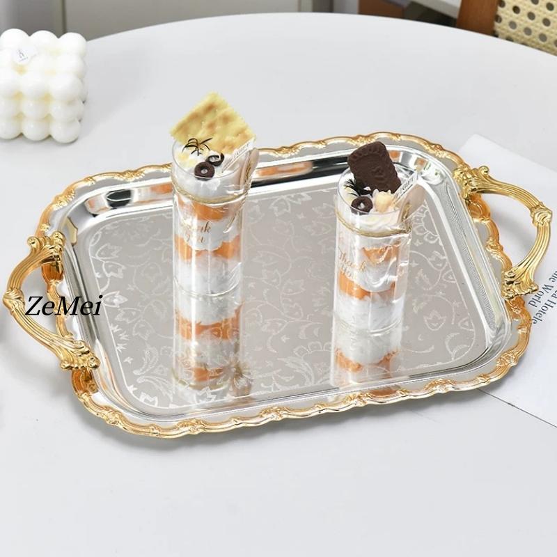 Middle East-Style Rectangle Dessert Plate,Portable Polishing Platinum Metal Fruit Tray, Cake Storage Plate Home Decoration