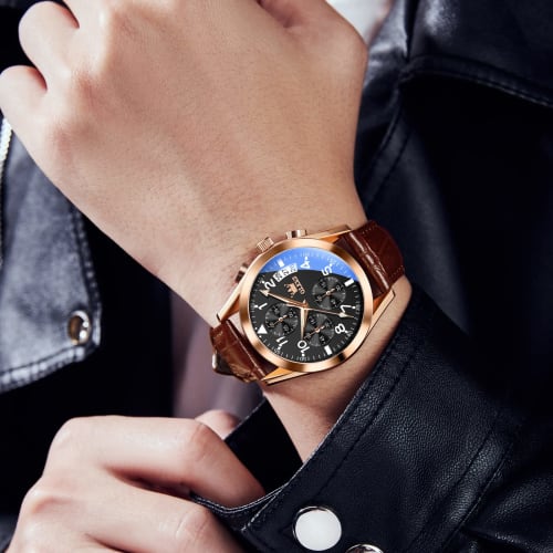 OLEVS Men's Business Waterproof Watch with Brown Leather Strap, Popular Wristwatch for Men, Easy-to-Read Clock, Date Display, Simple Quartz Movement,