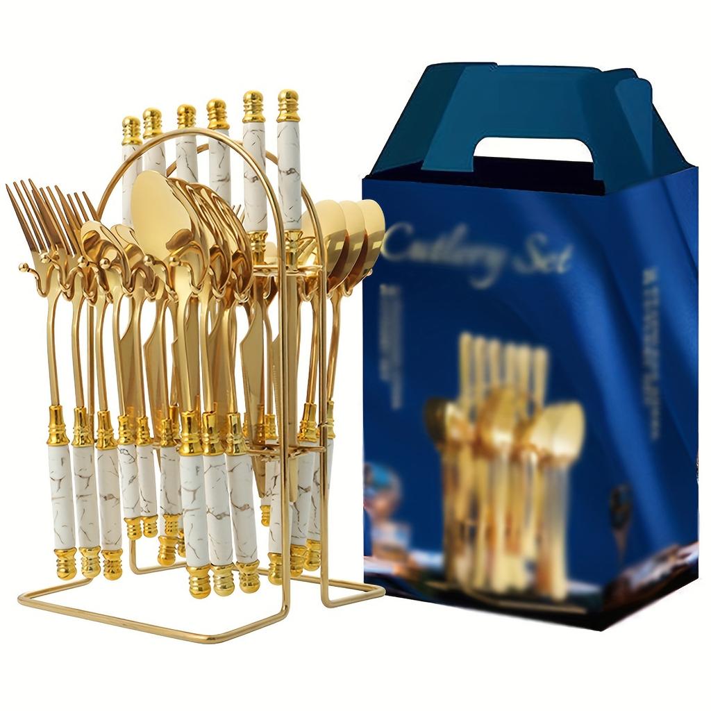 24-teiliges Edelstahl-Langes Keramik-Tafelgeschirr-Set Steakmesser Gabel Löffel Dessertlöffel Westliches Restaurant Hotel Tafelgeschirr-Set