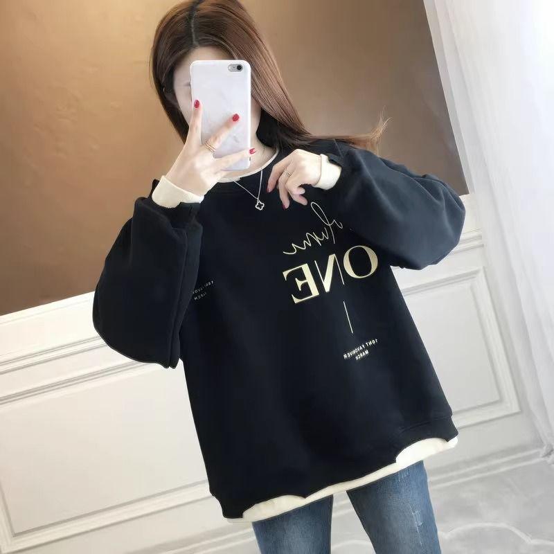 Autumn and Winter Women's Fake Two-piece Sweatshirt  New Loose Lazy Style Velvet Thickened Top Jacket