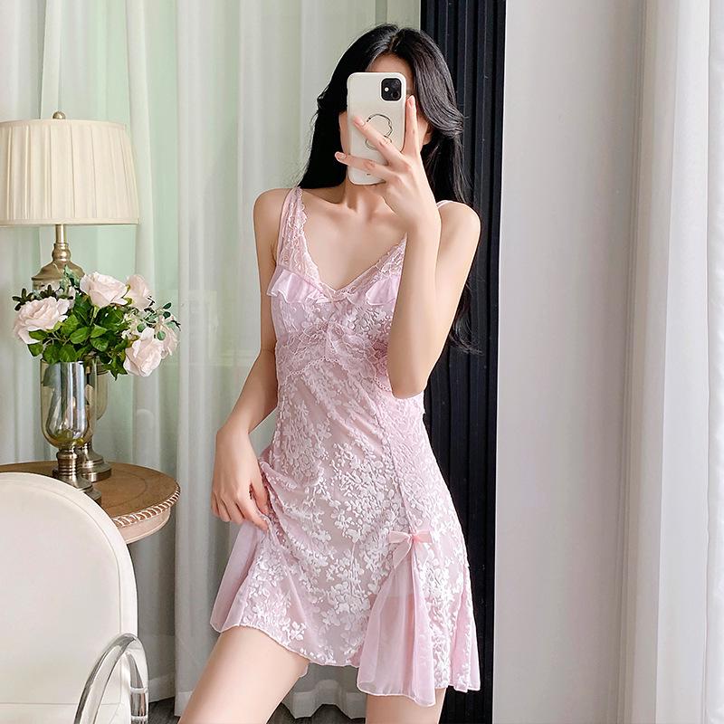 

Women s Ice Silk Mesh Camisole Nightdress Set - Includes Chest Pad - Spring, Summer, Autumn Lounge Wear Medium (40-50 kg)