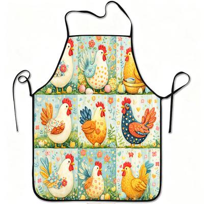 1pc & Apron with Chicken & Floral Print - Adjustable Waistband, Durable Easy-Clean Polyester Suitable for Cooking, Gardening, Picking, Christmas, Hall
