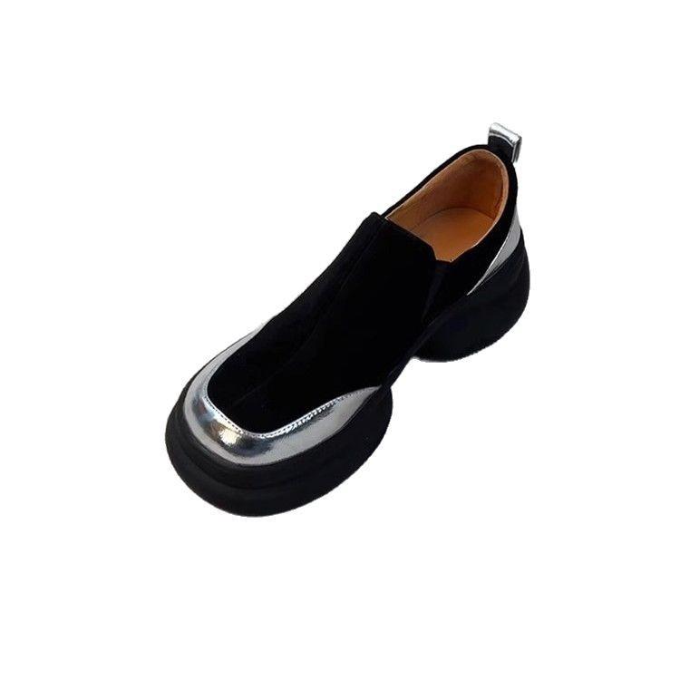 Sheepskin version retro muffin bottom thick sole heightening loafers women's matte leather one pedal round head simple small leather shoes women