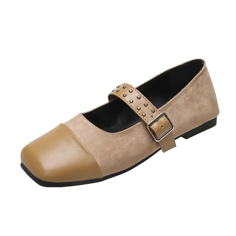 

Fashion Spring New Flat Shoes Women s Square Head Splicing Suede Shallow Mouth Rivets with Soft Sole Non-slip Single Shoes 40 хаки