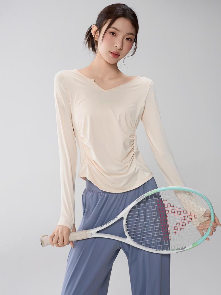 Women's V-Neck Yoga Suit: Loose, Quick-Dry, Long Sleeve for Casual Sports and Pilates Training