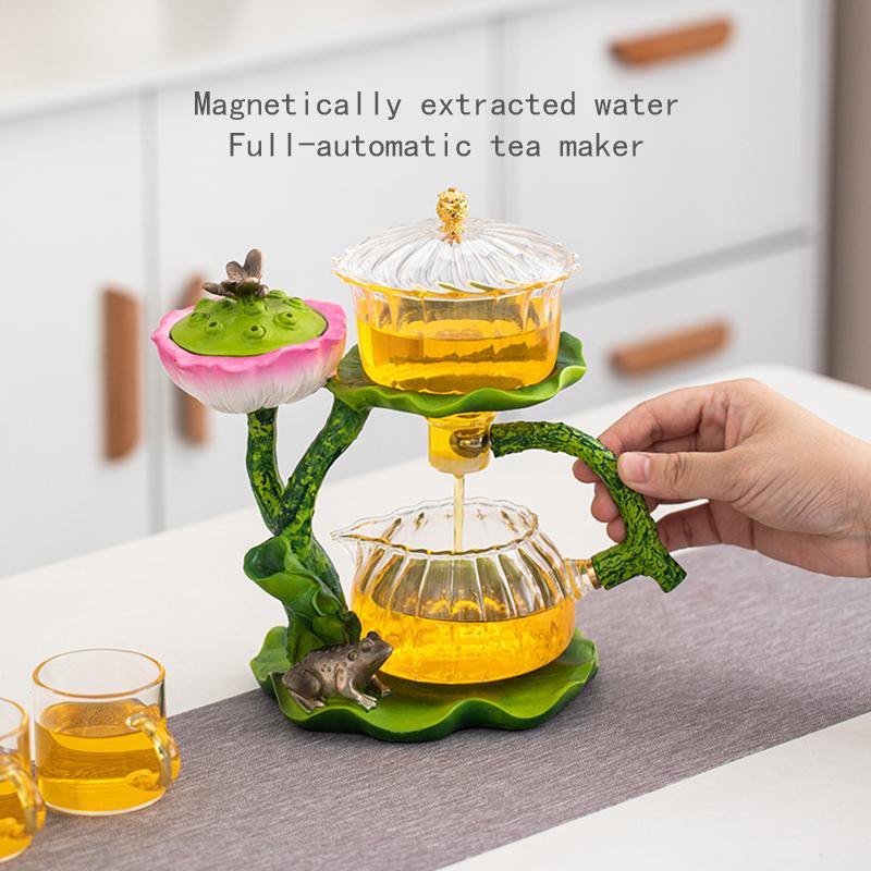 1 set of magnetic lazy tea set - Creative Lotus automatic glass teapot, tea cup, tea can, tea tray Chinese Kung Fu tea set