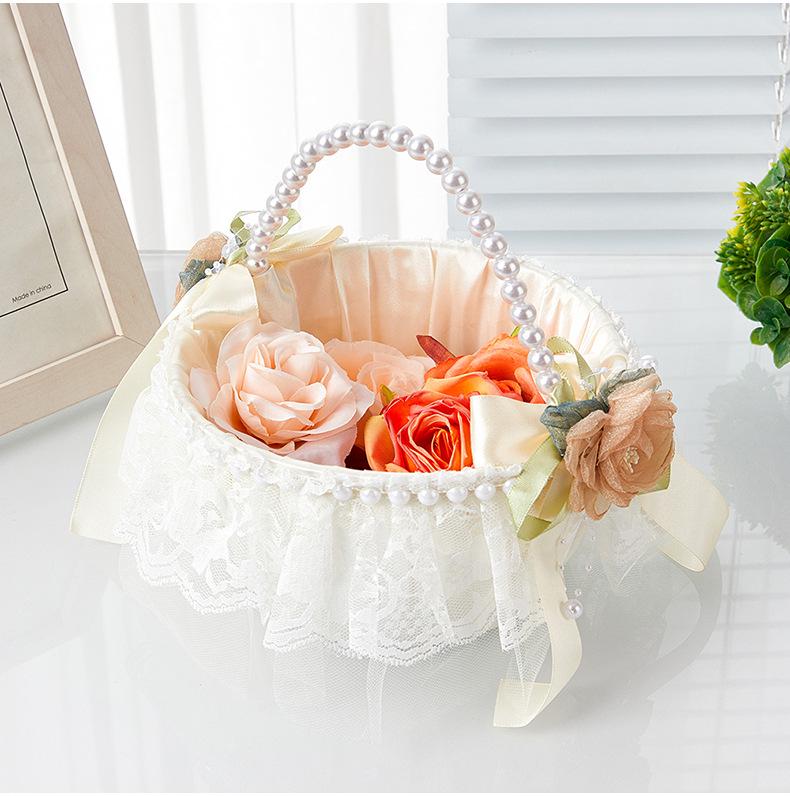 Linen Pearl Flower Basket for Outdoor Wedding - Bridal Handbag or Flower Girl Accessory
