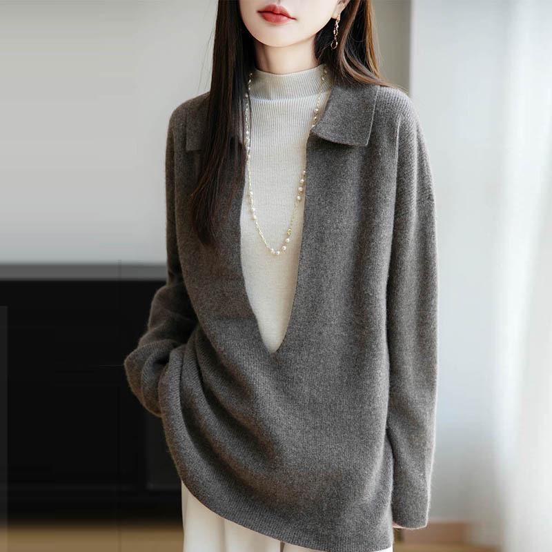 Women's POIO Collar Wool Sweater: Casual, Autumn/Winter, Long Sleeve, Loose, Slimming, Versatile Knit Pullover.