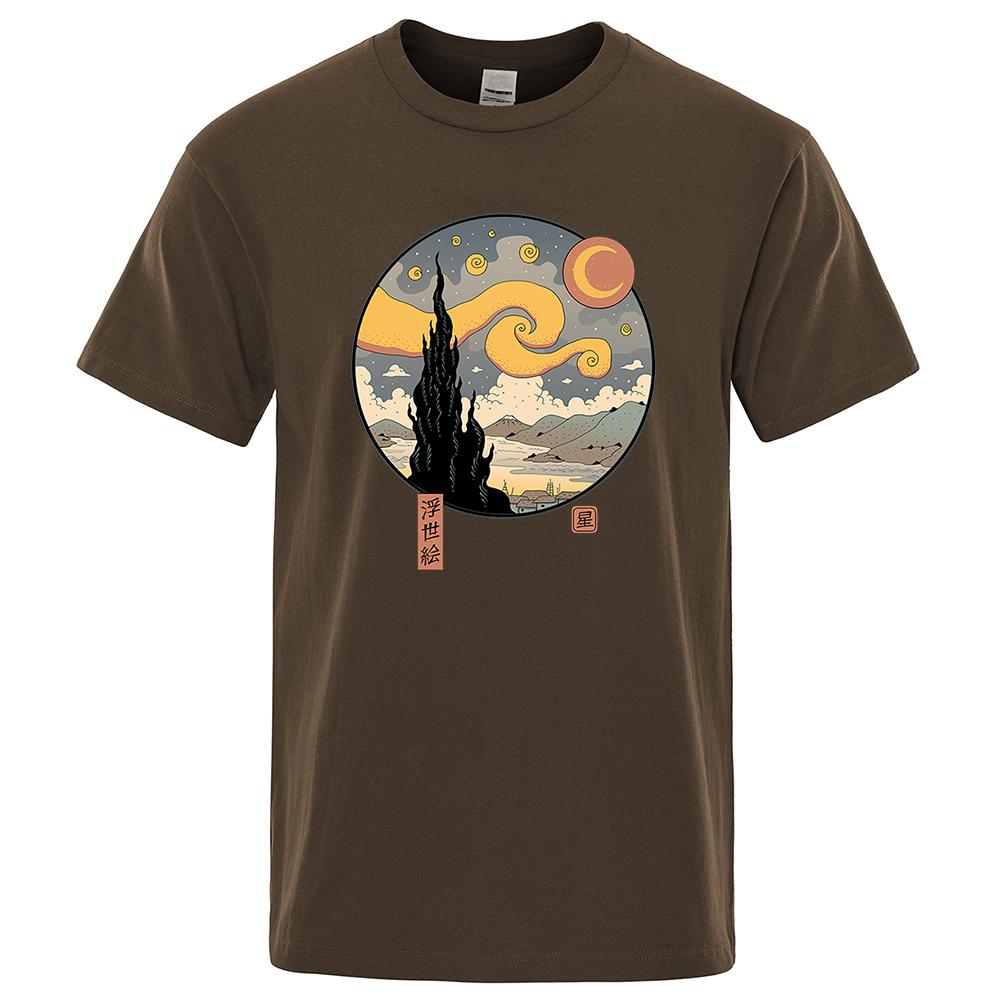 Starry Ukiyo-E Night Funny Printing T Shirts Mens Harajuku Casual Tshirts Cotton Summer Short Sleeve High Quality Street Tops