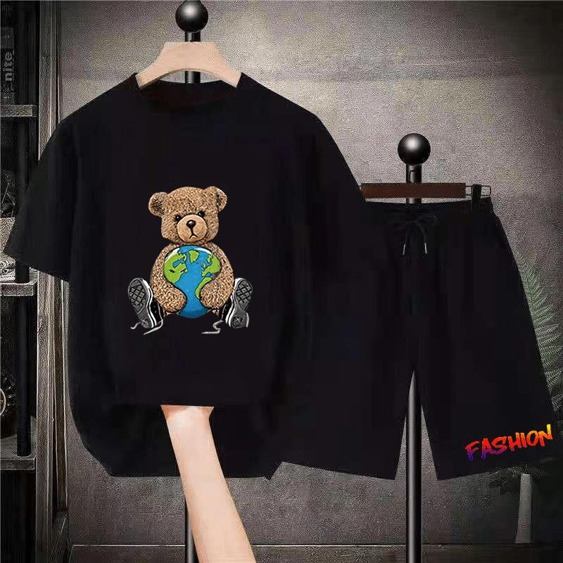Korean Brand Bear Print T-shirt Men's Cotton Short-sleeved Oversized T-shirt Hip-hop Retro Suit Unisex Free Shipping