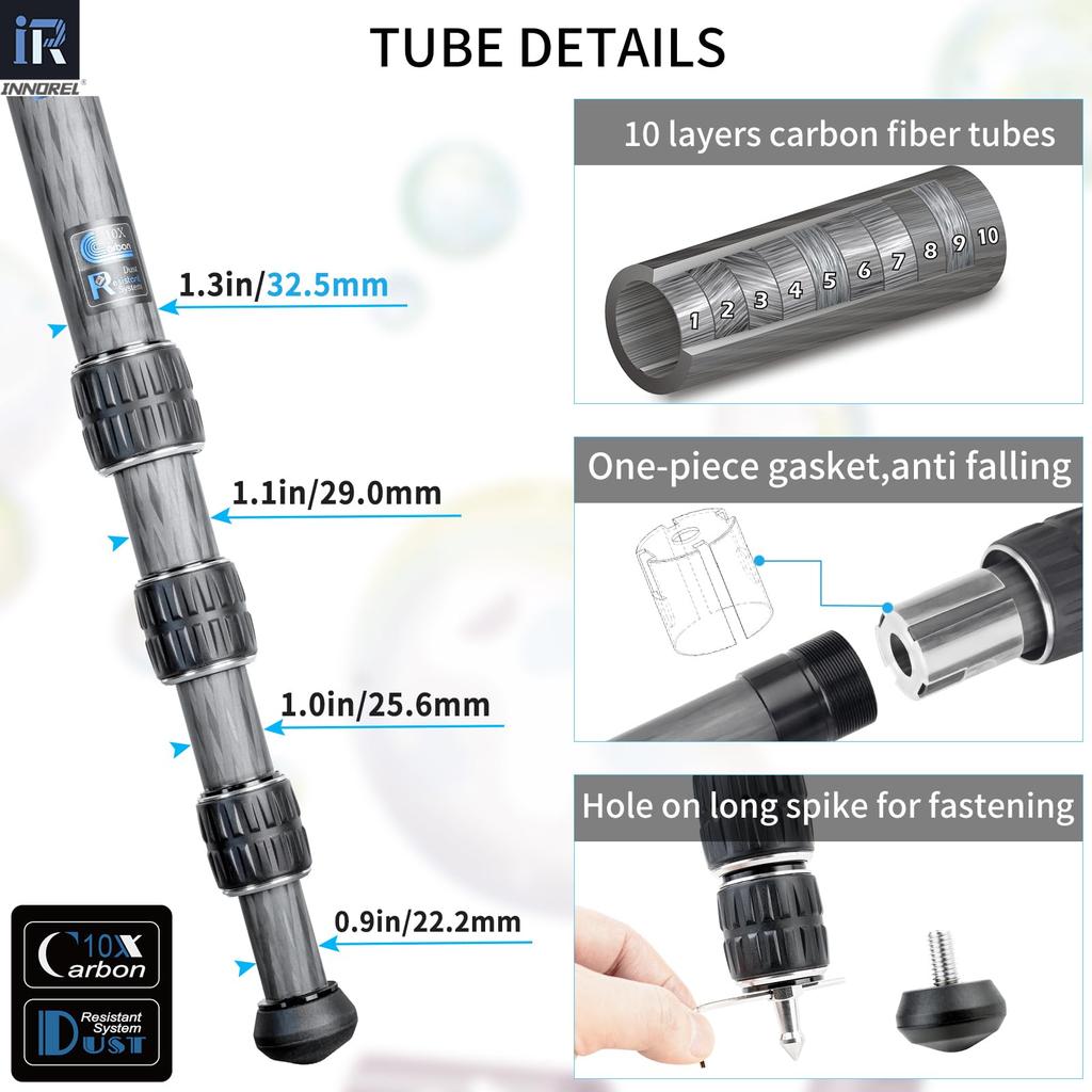 INNOREL Camera Tripod Carbon Tripod Single Lens Reflex Tripod with Ball Head 4 Steps Telescopic Working Height Pipe Diameter 25KG Maximum Load