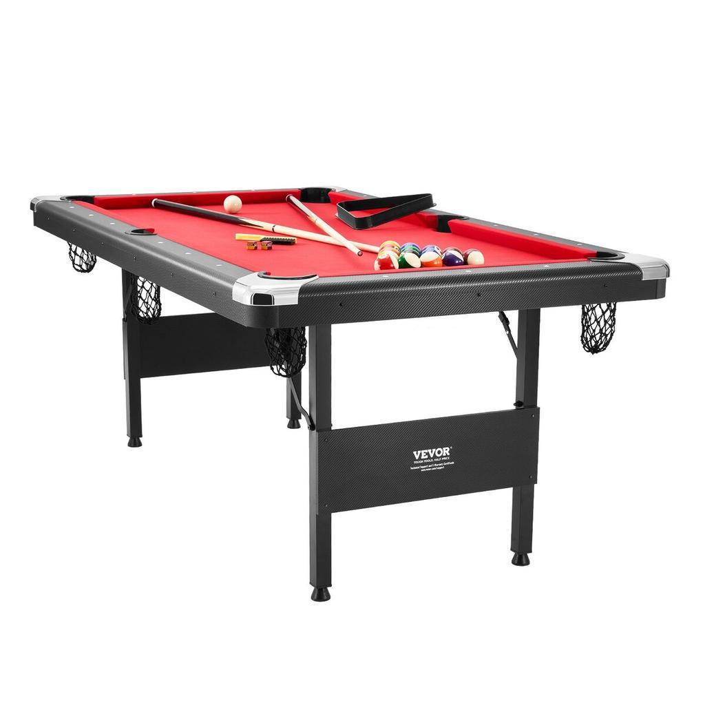 Billiards Table, 6.3 ft Pool Table, Portable Foldable Space-Saving Table, Billiard Table Set Includes Balls, Cues, Chalks and Brush, Black with Red