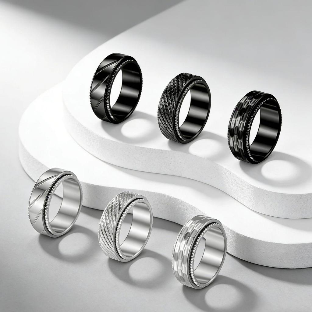 8mm Titanium Steel Punk Rotatable Decompression Ring with Woven Mesh and 18K Vacuum Plating