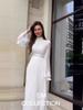 2024 Autumn Solid Color Bell Sleeve Casual High Waist Long Dress