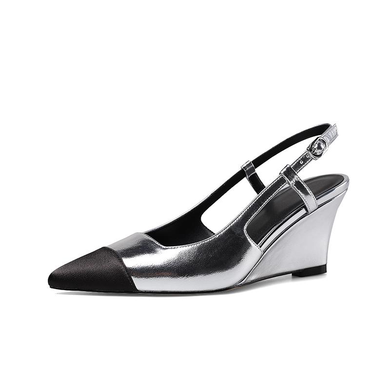 

Мода 2024 Весна Женские Сандалии Обувь из Натуральной Кожи для Женщин Острый Носок Танкетка Каблук Женская Обувь Женская Обувь Золотой Серебристый 34