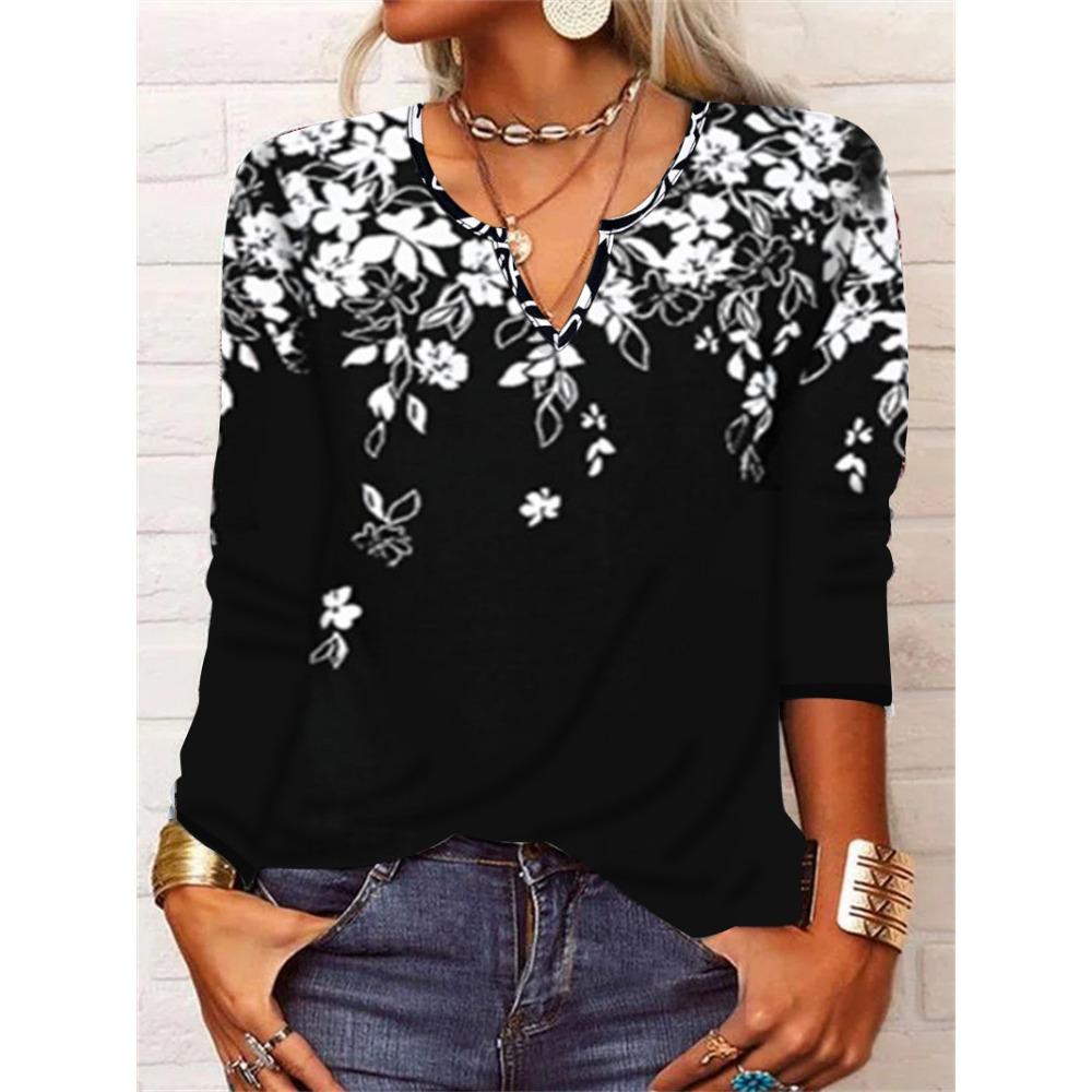 GMXIA Autumn Loose Long Sleeve Flower Bold V-neck T-shirt Base for Women