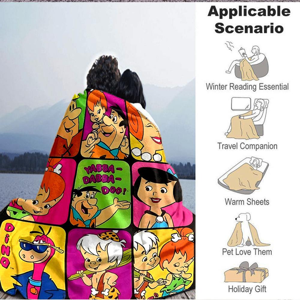 1pc Flintstones Family Flannel Throw Blanket HD Printed Lightweight Soft Warm All Season Blanket for Sofa, Bed, Travel, Camping Machine Washable