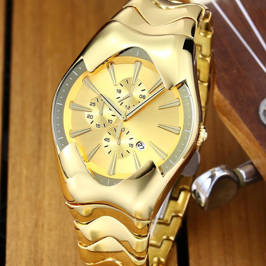 Y2K Quartz Watch Futuristic Case Wavy Stainless Steel Band Chronograph Date Business Waterproof Wristwatch