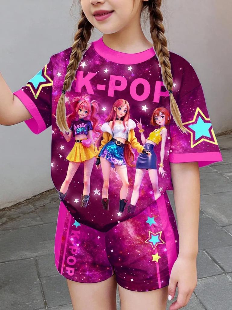 Conjunto de Camiseta y Pantalones Gráficos de Dibujos Animados Kpop para Niñas Ropa de Verano para Niñas Lindo Conjunto de Manga Corta Conjunto de Camiseta y Pantalones Cortos para Niños