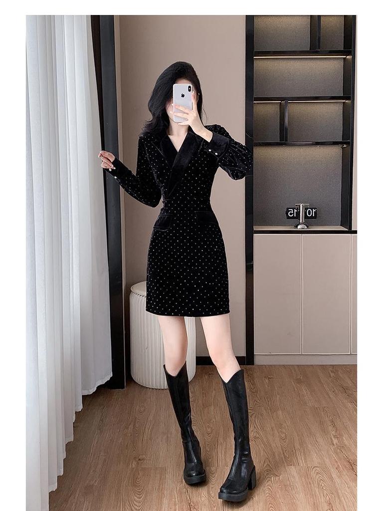 Gold Velvet Rhinestone Waist-Slimming Dress for Women