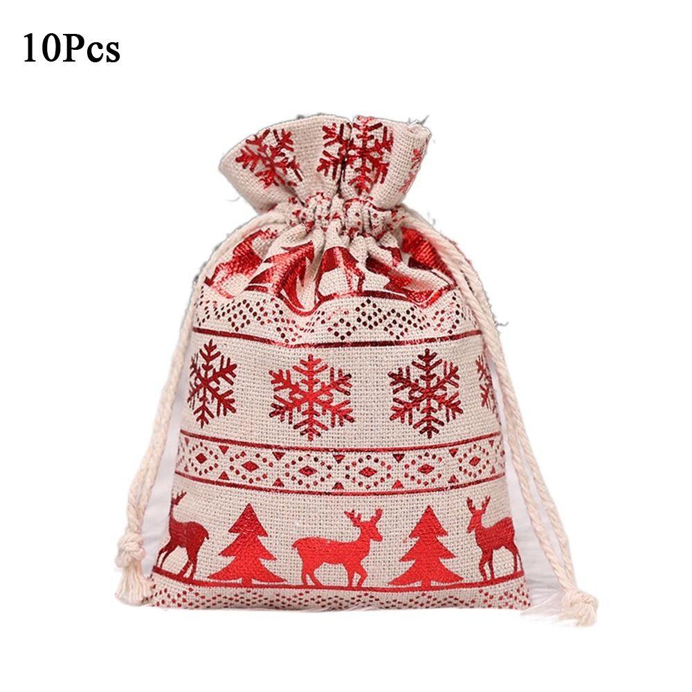 10Pcs Linen Christmas Candy Cotton Bag Hot Gold Santa Claus Christmas Bronzing Gift Bag Printing Drawstring Christmas Gift Bag