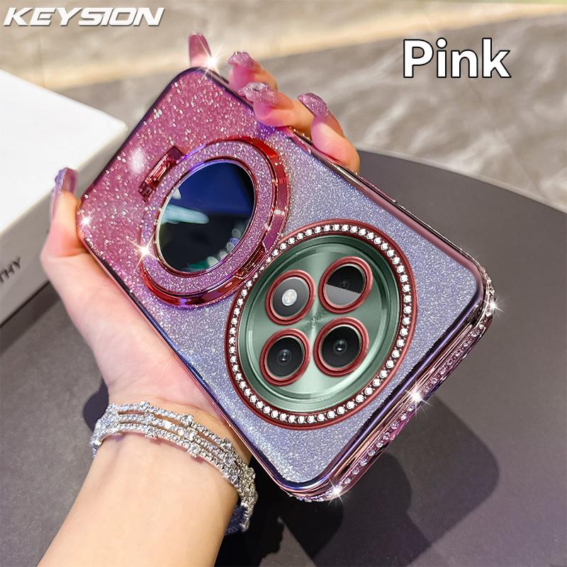 KEYSION Luxury Glitter Jewelled Magnetic Phone Case for OPPO Reno12 F 5G Makeup Mirror Stand Shockproof Cover for OPPO Reno 12F