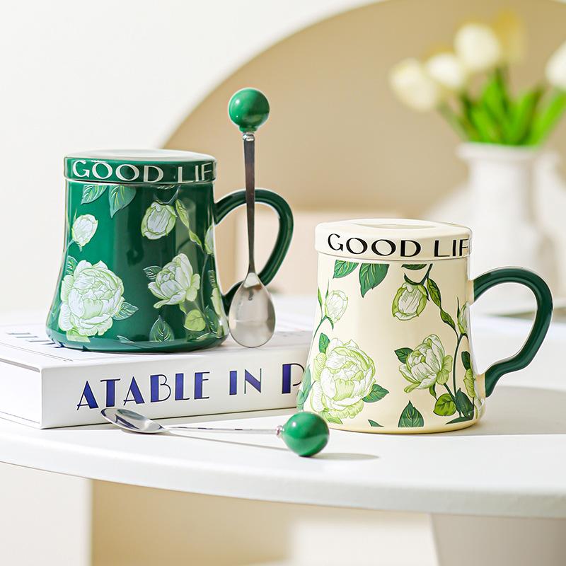 Lily of The Valley Ceramic Water Cup Home Office Large Capacity Coffee Cup Breakfast Cup with Lid Design Coffee Cup