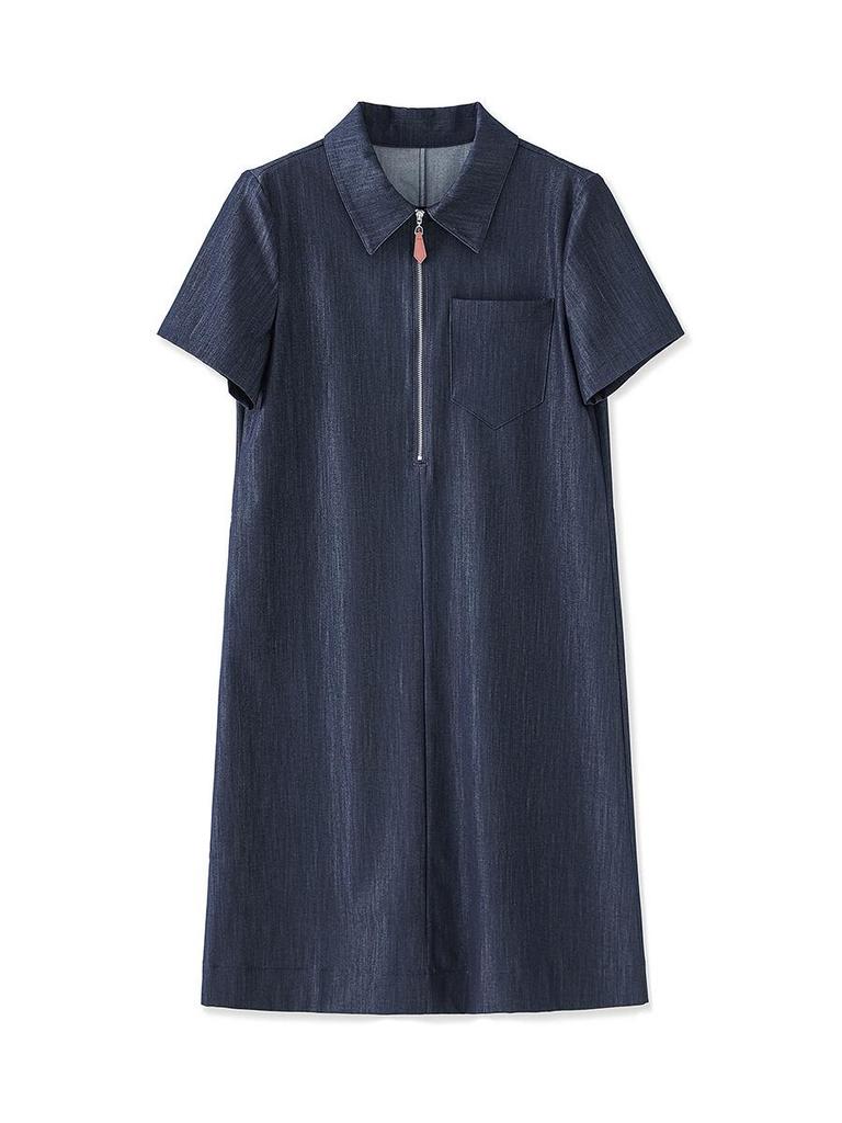 Leichtes Sauerstoff Minimalistisches Denim Halb-Zip Kleid Kurzer Lockerer A-Linien Rock für Damen