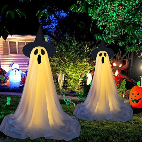 Yousheng Halloween Ghost Decoration Outdoor Standing Ghost with Witch Hat Light Up Spooky White Cloth Ghost for Porch Yard Garden Lawn Decor