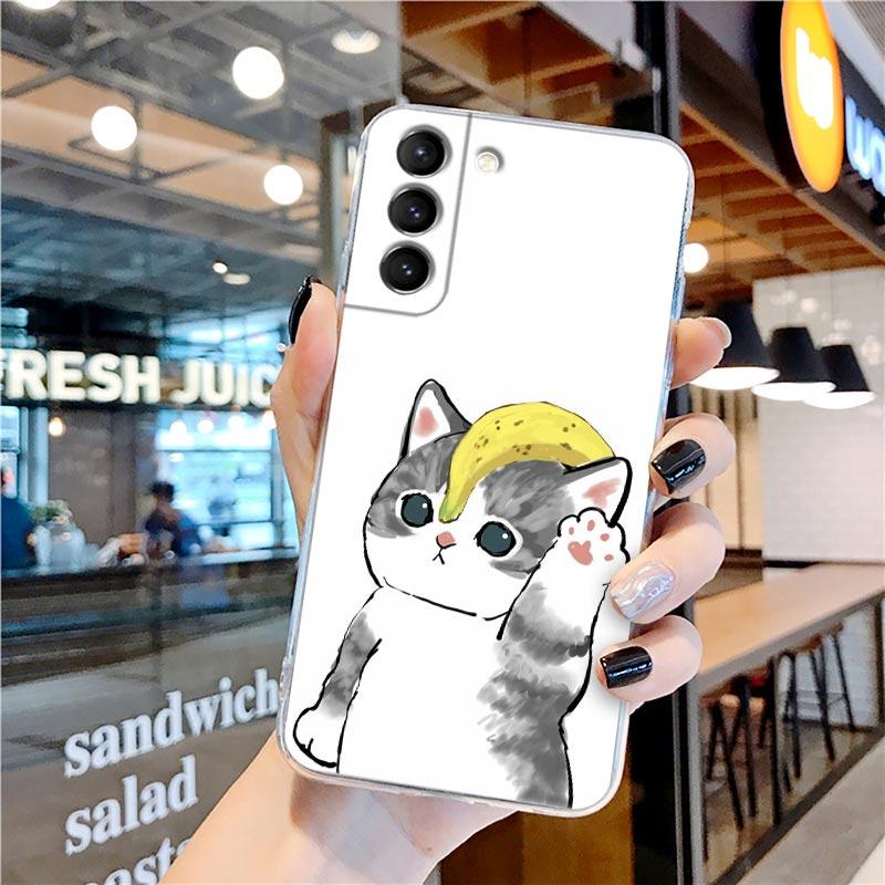 Funny Cartoon Line Art Cat Cute Animal Transparent Case for Samsung Galaxy S22 S21 S20 FE S 22 Ultra S10E S9 Plus 5G Cover Coque