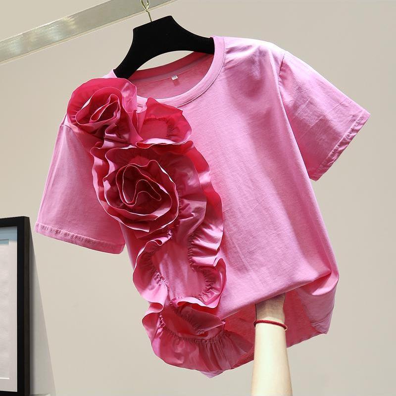 2023 Summer Women's Loose Slimming 3D Floral Patchwork Frilly Top