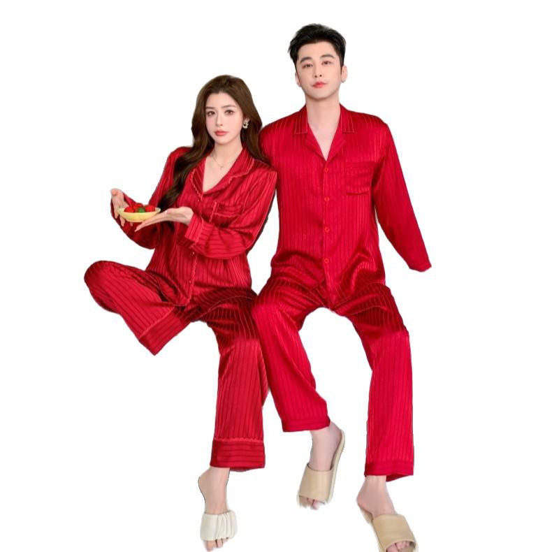 Ice Silk Couple Pajamas - Women's High-End Spring/Autumn Long Sleeve Luxury Home & Outdoor Wear Set (2026)