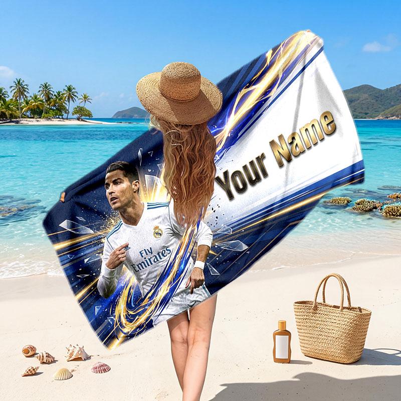 Cristiano Ronaldo Custom Beach Towel, Personalized Name Text Print, Football Logo Soft Quick‑Dry Towel Holiday Gift