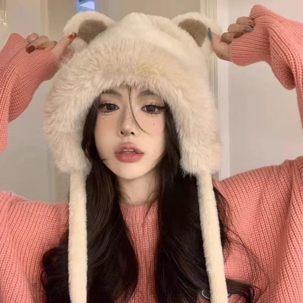 Hat Female Autumn And Winter Furry Winter Rabbit Hair Thunderbolt Hat Hair Ball Ear Protection Warm Cold Thickened Plush Windproof Cap