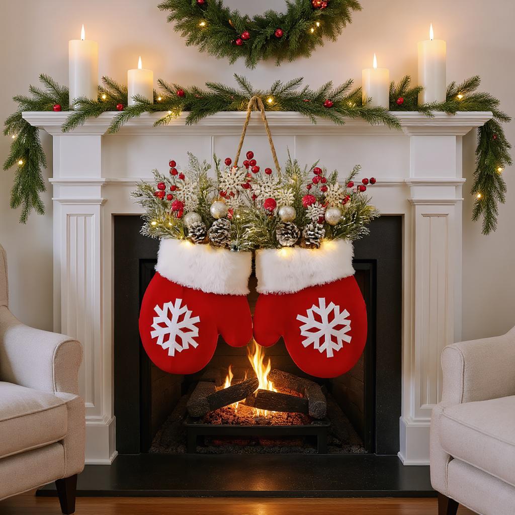 Julhandskar Dörrkrans med Ljus Dörrdekoration LED Juldekoration för Vägg Ytterdörr Fönster Öppen spis
