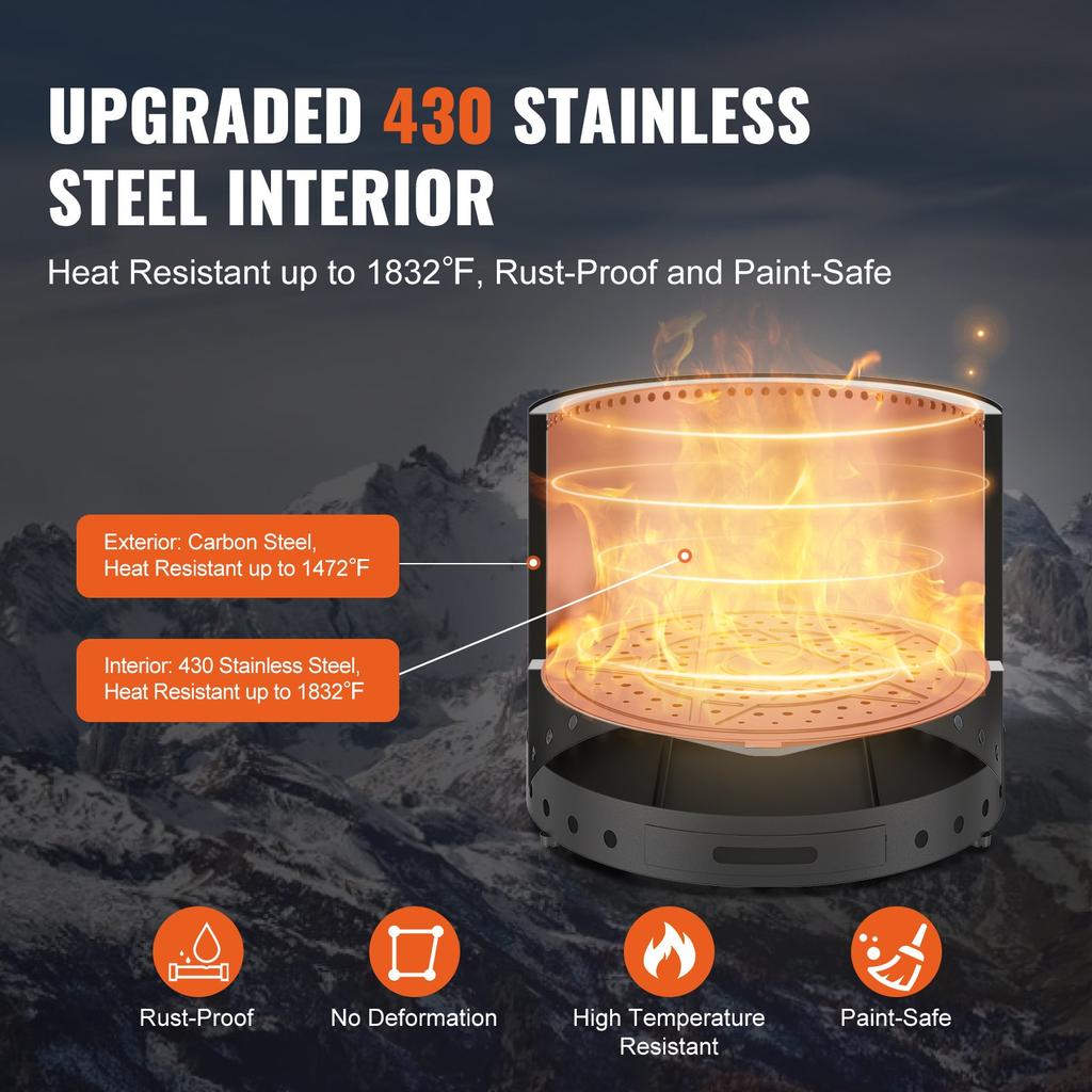 VEVOR Smokeless Fire Pit Stove Bonfire 71.1 cm Dia Wood Burning Stainless Steel