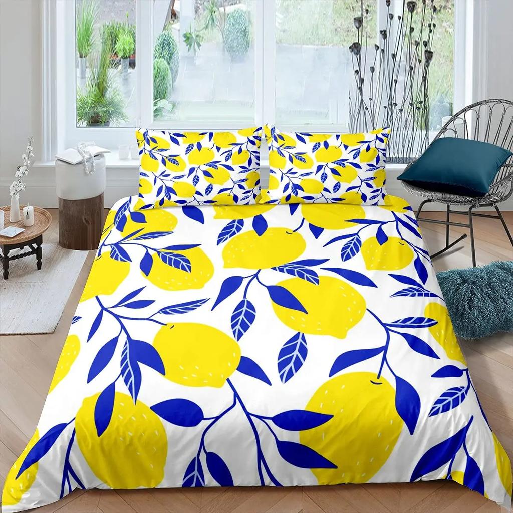 Lemon Duvet Cover Set,Bedding Set 3pcs for Teens Room,Botanical Natural Bright Yellow and Black Quilt Cover with 2 Pillowcases