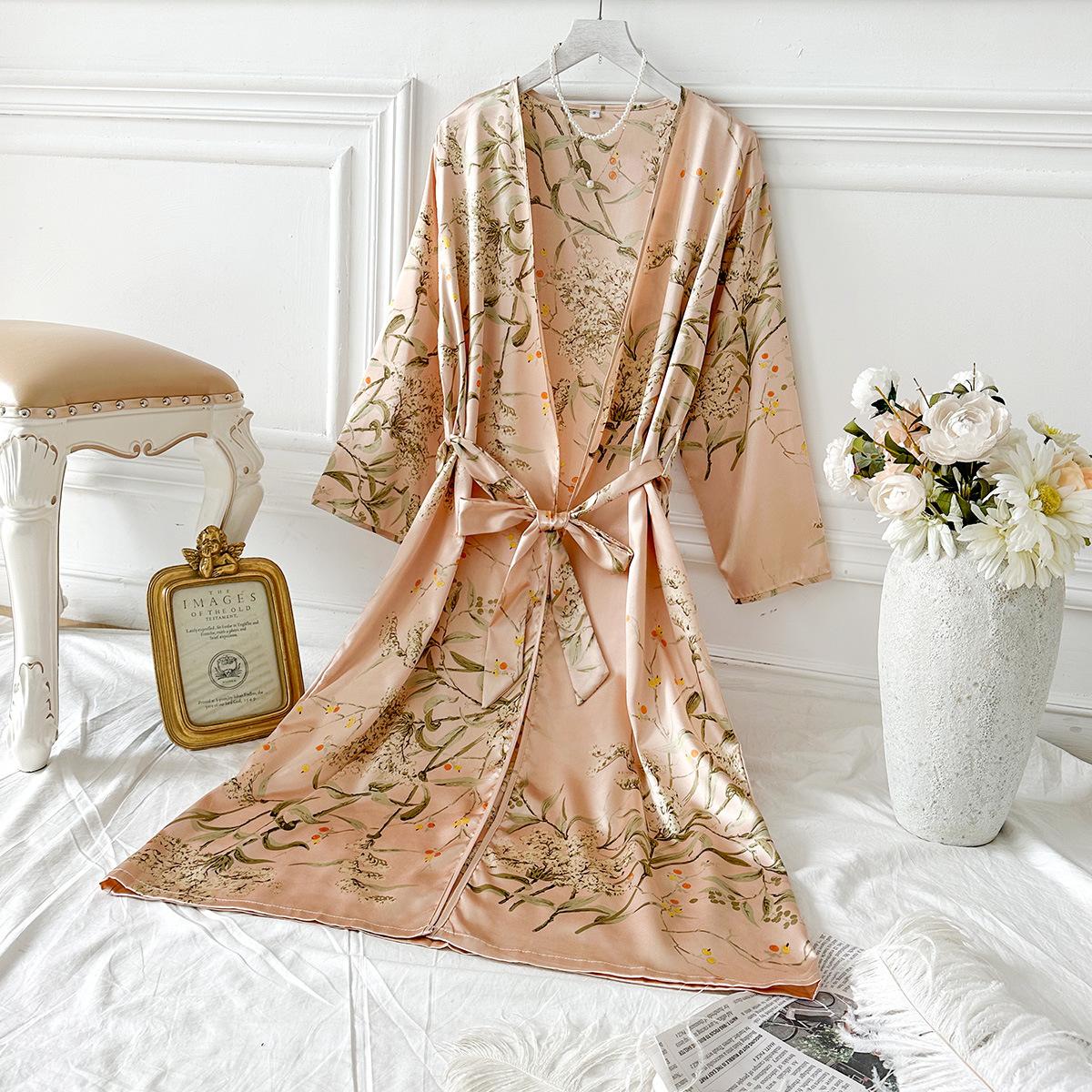 

Халат из ледяного шелка, летний, тонкий, модный, простой стиль, домашняя одежда, женский сексуальный кардиган, банный халат XL шампанского