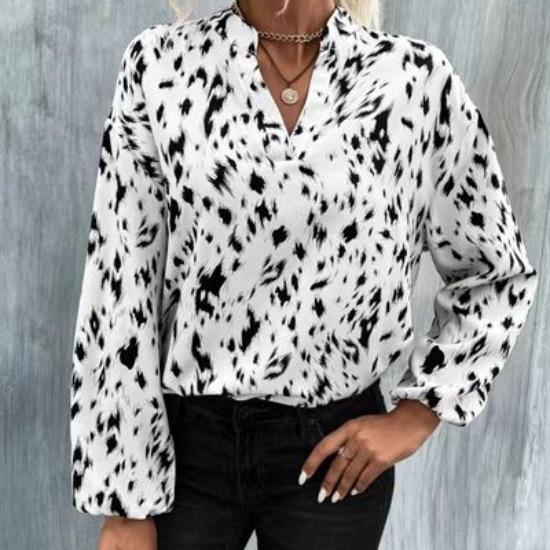 QICED Jaro Podzim Módní Polyesterový Pulovr s Leopardím Vzorem Dlouhý Rukáv Výstřih do V Volný Střih Dámská Košile