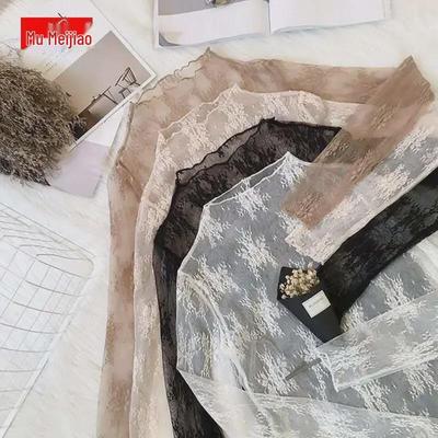 Koronkowa Bluzka z Siateczki Four Seasons z Półwysokim Dekoltem i Przezroczystymi Długimi Rękawami w Stylu Koreańskim