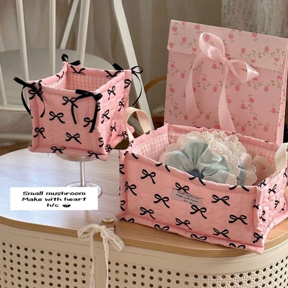 Ins Rectangle Storage Basket Quilted Cotton Desktop Storage Box Stripe Bow Large Capacity Sundries Toy Organizer Home Supplies
