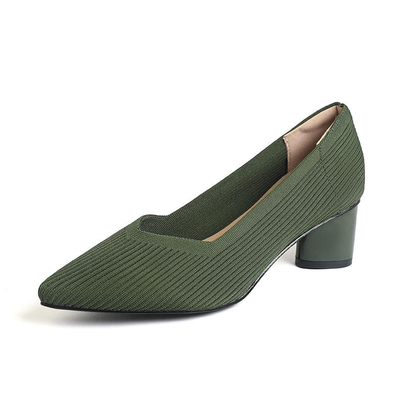 Fashion 2025 Pointed Toe Middle Heel Breathable Comfortable Knitted Shoes Women Shallow Mouth Chunky Heel Fashion Zapatos De Mujer Pumps